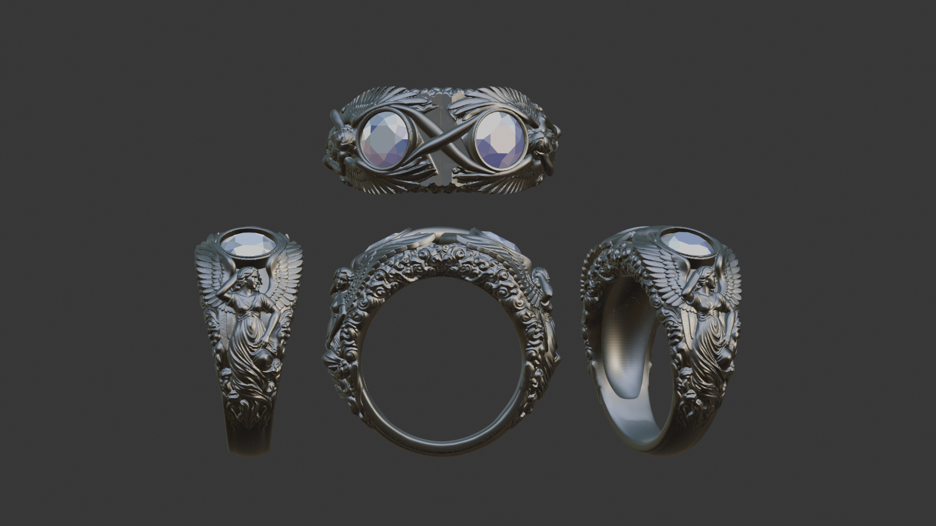 3D model render of an intricate angel-themed ring, size 52, featuring detailed wing engravings and a central mount for a 5.9 mm diamond, shown from multiple professional angles.